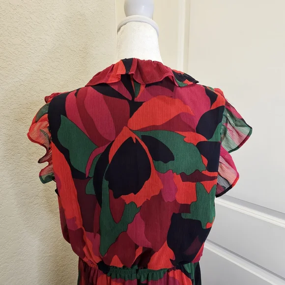 Banana Republic Red, Bergundy, Green Flutter Midi Dress - Picture 6 of 8
